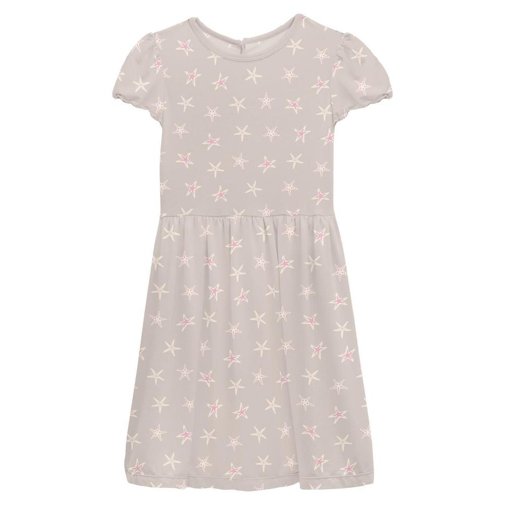NEW KICKEE baby girl's flutter sleeve twirl dress in latte starfish